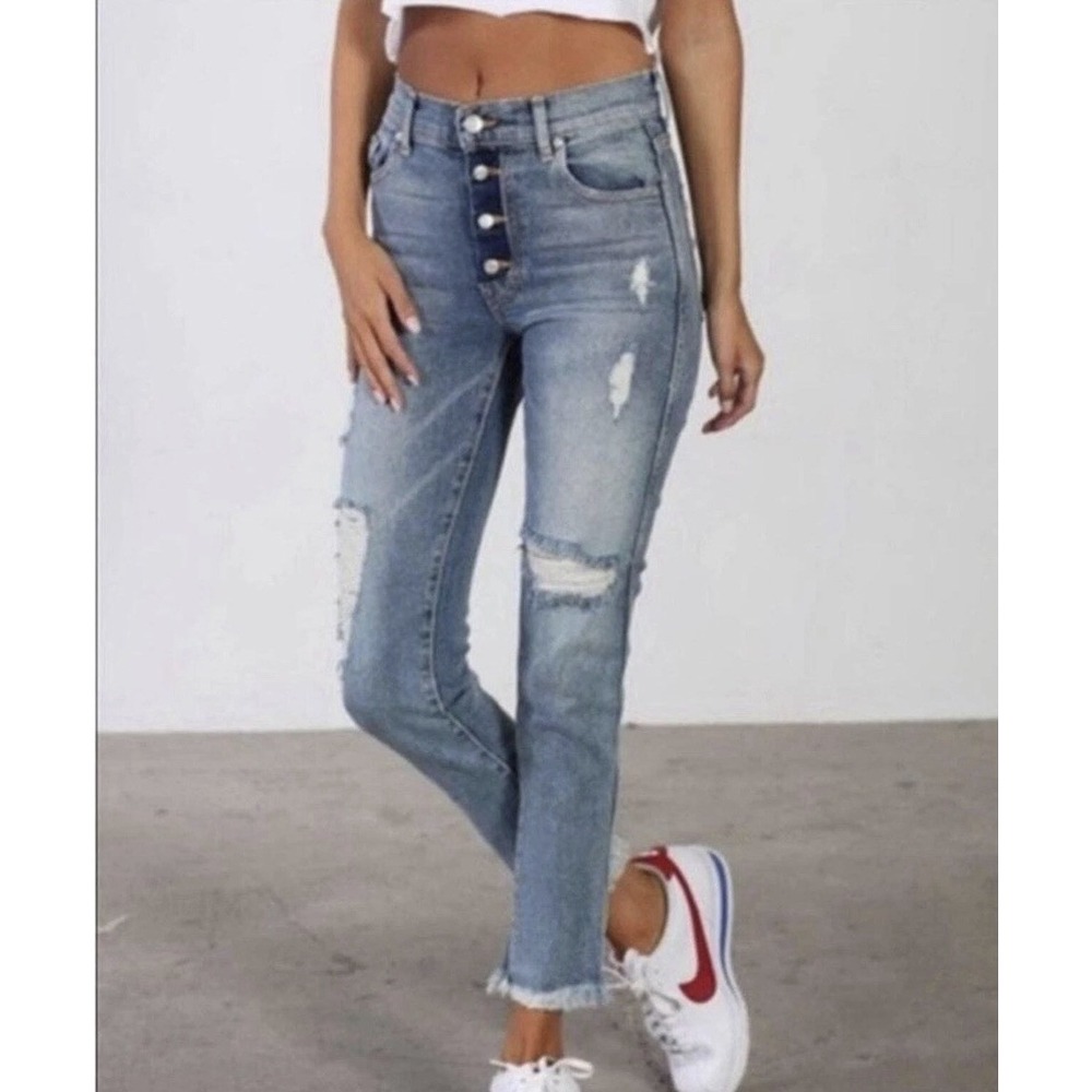 Revice Distressed Button Fly Straight Raw Hem Jeans Womens High Rise 26 Y2K USA